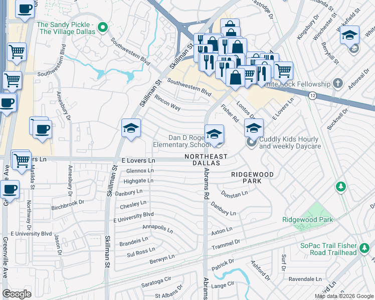 map of restaurants, bars, coffee shops, grocery stores, and more near 6314 Town Hill Lane in Dallas