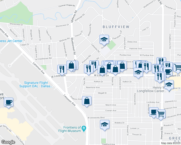 map of restaurants, bars, coffee shops, grocery stores, and more near 4507 Elsby Avenue in Dallas