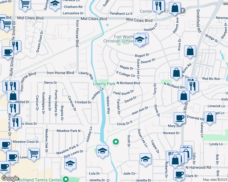 map of restaurants, bars, coffee shops, grocery stores, and more near 5900 Circle Drive North in North Richland Hills
