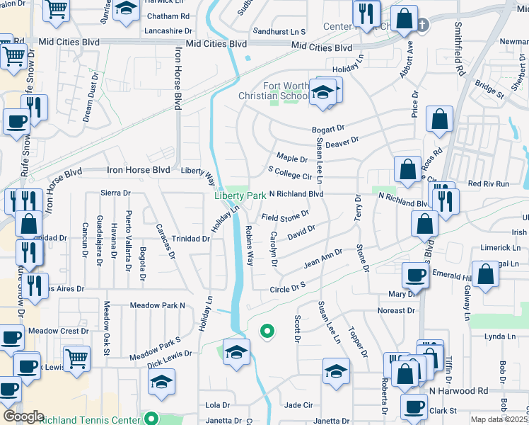 map of restaurants, bars, coffee shops, grocery stores, and more near 5900 Circle Drive North in North Richland Hills