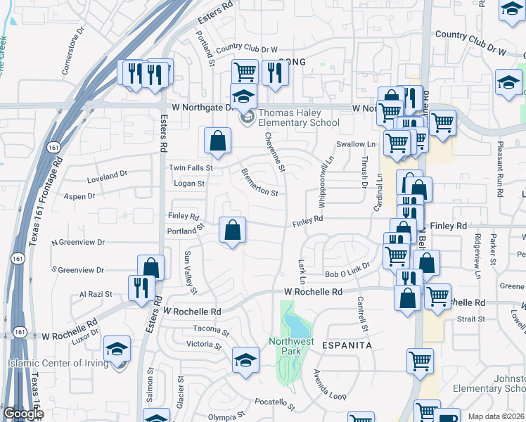 map of restaurants, bars, coffee shops, grocery stores, and more near 3826 Pendleton Court in Irving