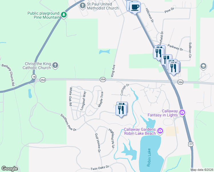 map of restaurants, bars, coffee shops, grocery stores, and more near 2277 Mulberry Lane in Pine Mountain