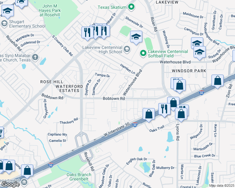 map of restaurants, bars, coffee shops, grocery stores, and more near 3429 Bobtown Road in Garland