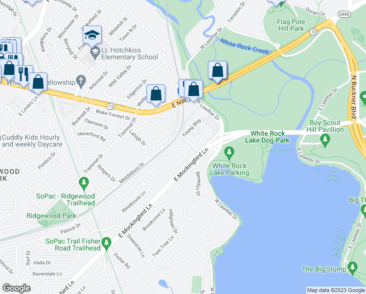 map of restaurants, bars, coffee shops, grocery stores, and more near 7471 Brentcove Circle in Dallas