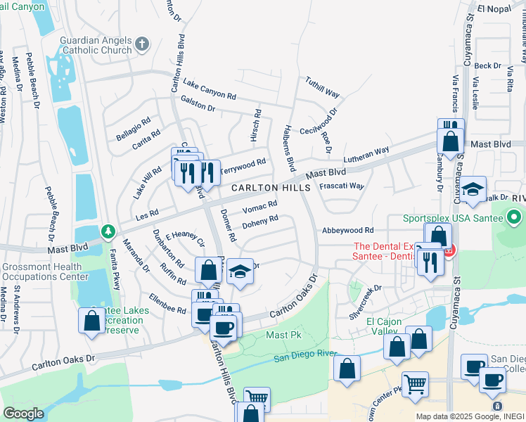 map of restaurants, bars, coffee shops, grocery stores, and more near 9459 Wharton Road in Santee