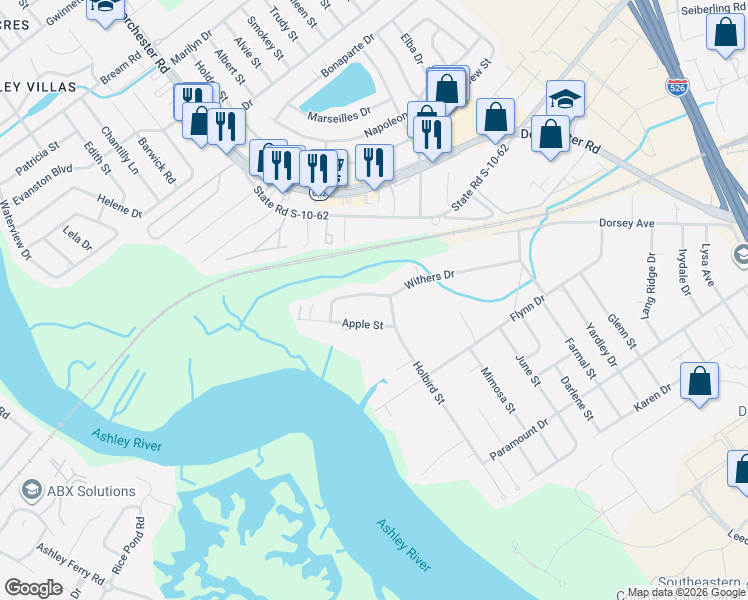 map of restaurants, bars, coffee shops, grocery stores, and more near 4611 Withers Drive in North Charleston