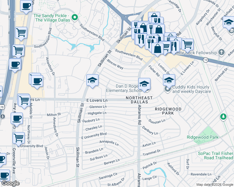 map of restaurants, bars, coffee shops, grocery stores, and more near 6240 Town Hill Lane in Dallas