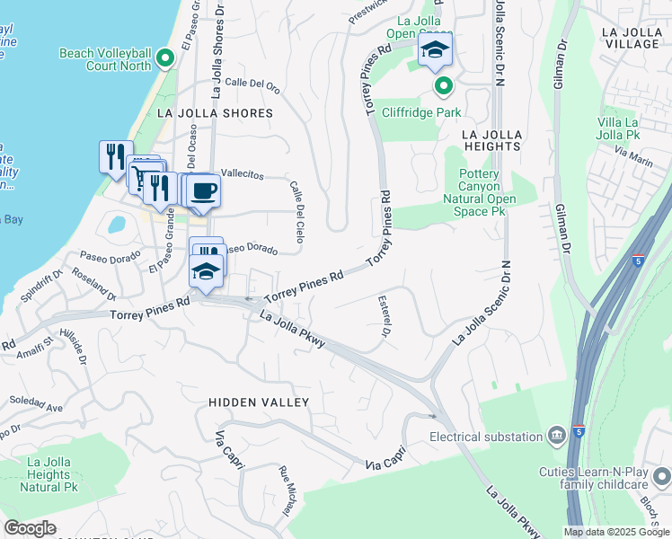 map of restaurants, bars, coffee shops, grocery stores, and more near 2660 Torrey Pines Road in San Diego