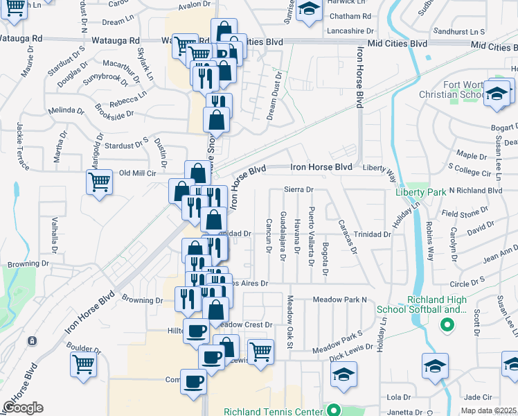 map of restaurants, bars, coffee shops, grocery stores, and more near 5720 Westchase Drive in North Richland Hills