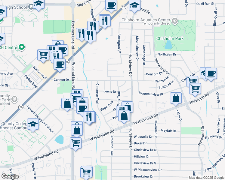 map of restaurants, bars, coffee shops, grocery stores, and more near 636 Lewis Drive in Hurst