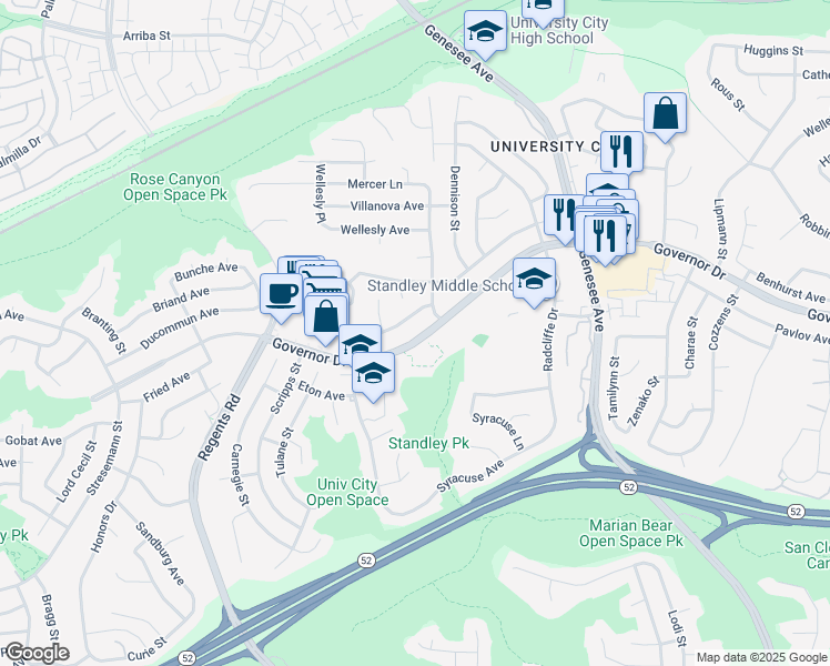 map of restaurants, bars, coffee shops, grocery stores, and more near 3542 Governor Drive in San Diego