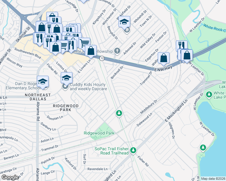 map of restaurants, bars, coffee shops, grocery stores, and more near 7059 Bucknell Drive in Dallas