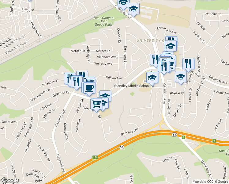 map of restaurants, bars, coffee shops, grocery stores, and more near 3542 Governor Drive in San Diego