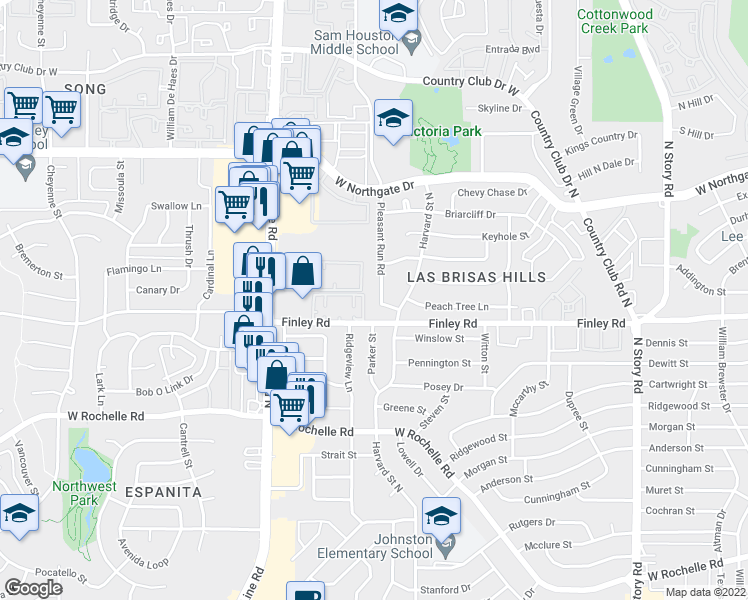 map of restaurants, bars, coffee shops, grocery stores, and more near 3401 Pleasant Run Road in Irving