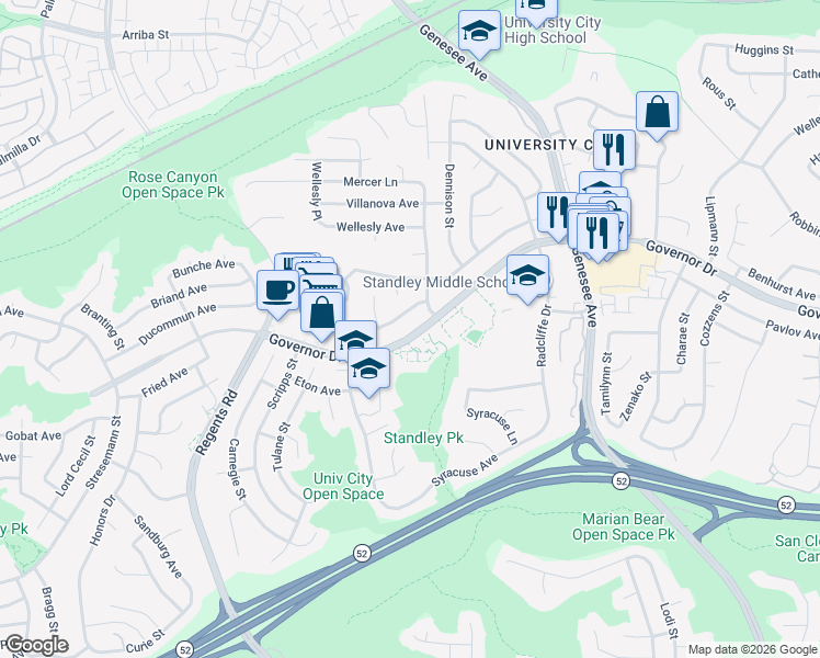 map of restaurants, bars, coffee shops, grocery stores, and more near 3542 Governor Drive in San Diego