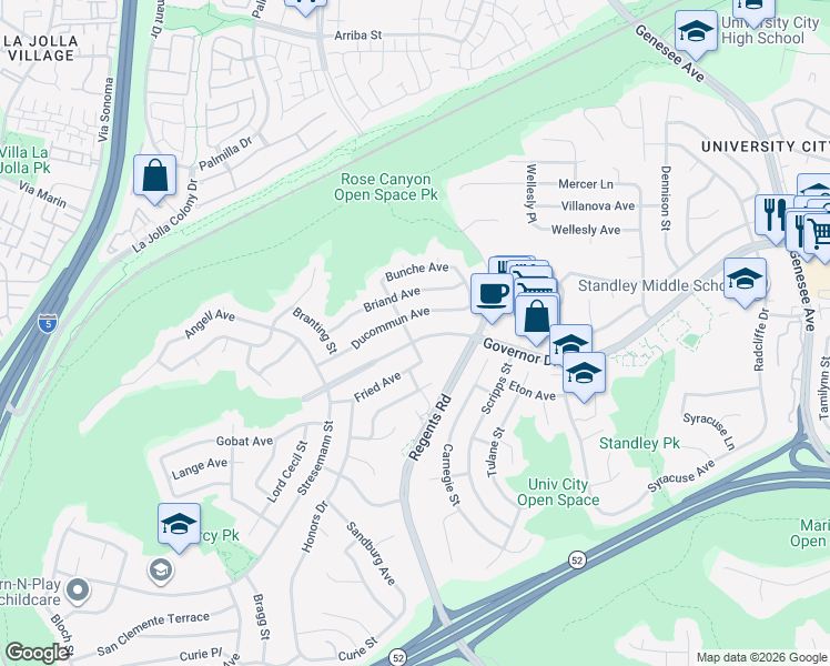 map of restaurants, bars, coffee shops, grocery stores, and more near 3104 Governor Drive in San Diego