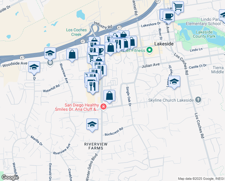 map of restaurants, bars, coffee shops, grocery stores, and more near 12149 Orange Crest Court in Lakeside