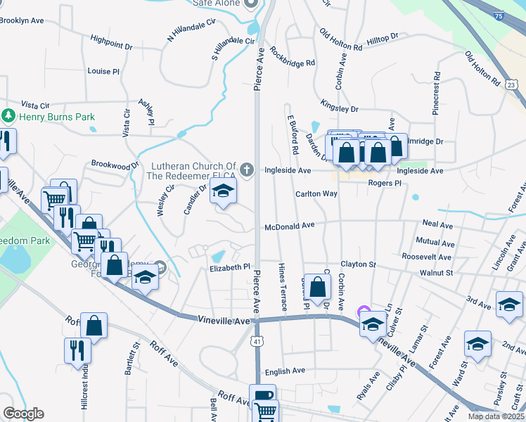 map of restaurants, bars, coffee shops, grocery stores, and more near Pierce Avenue in Macon