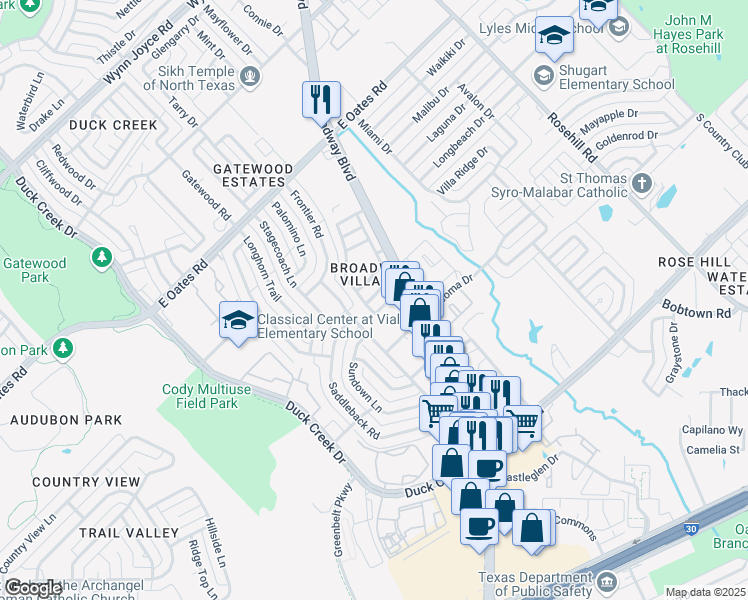 map of restaurants, bars, coffee shops, grocery stores, and more near 412 Menlo Park Drive in Garland