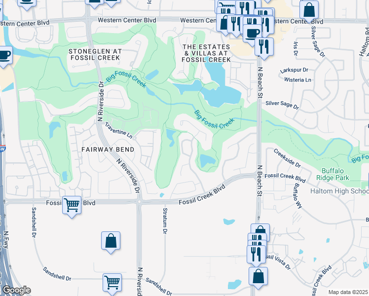 map of restaurants, bars, coffee shops, grocery stores, and more near 5771 Walnut Creek Drive in Fort Worth