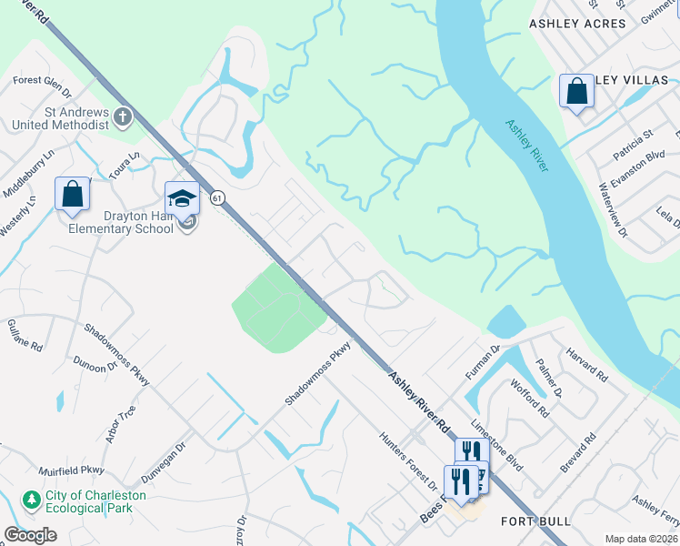 map of restaurants, bars, coffee shops, grocery stores, and more near 3005 Macbeth Creek Drive in Charleston