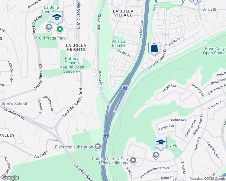 map of restaurants, bars, coffee shops, grocery stores, and more near 8008 Caminito Gianna in San Diego