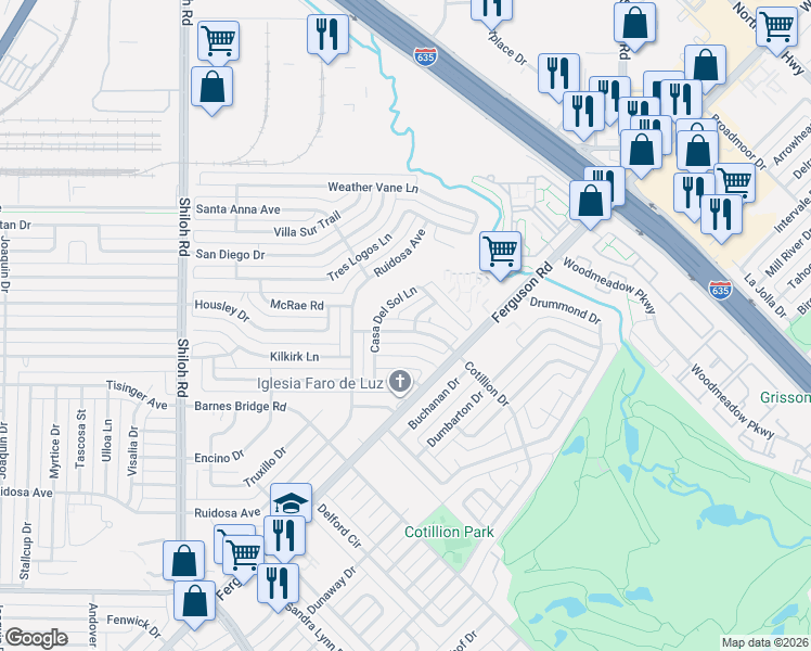 map of restaurants, bars, coffee shops, grocery stores, and more near 11605 Cotillion Drive in Dallas