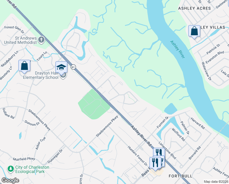 map of restaurants, bars, coffee shops, grocery stores, and more near 3005 Macbeth Creek Drive in Charleston