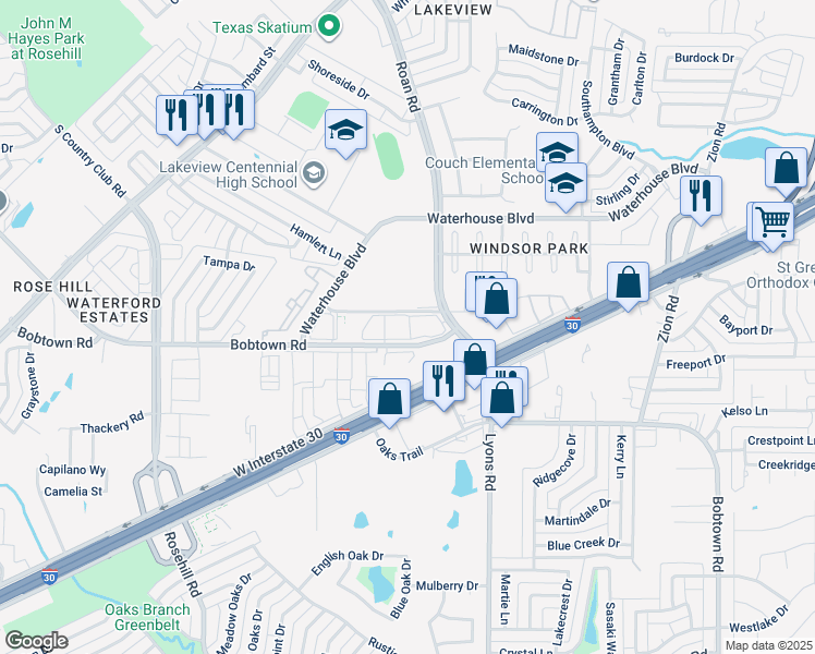 map of restaurants, bars, coffee shops, grocery stores, and more near 3602 Easton Meadows Drive in Garland