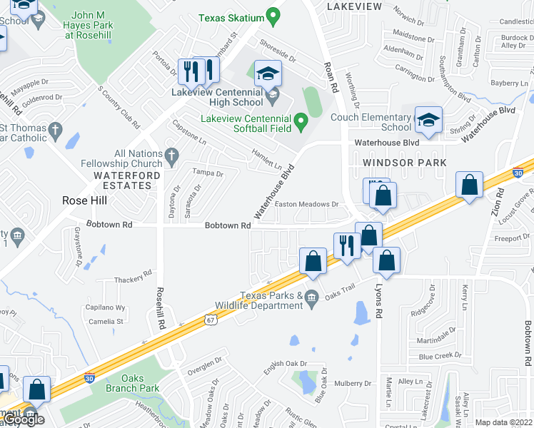 map of restaurants, bars, coffee shops, grocery stores, and more near 3502 Easton Meadows Drive in Garland