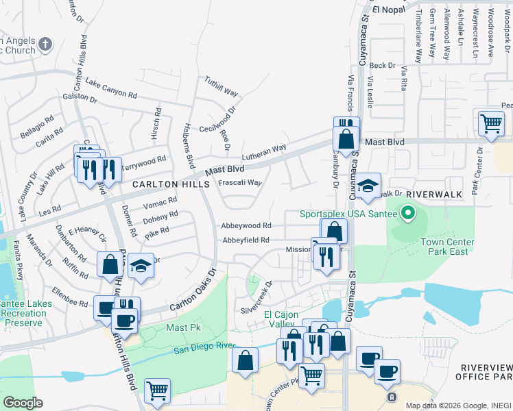 map of restaurants, bars, coffee shops, grocery stores, and more near 9537 East Hartland Circle in Santee