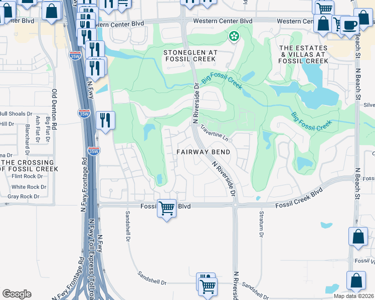 map of restaurants, bars, coffee shops, grocery stores, and more near 6108 Iron Creek Road in Fort Worth