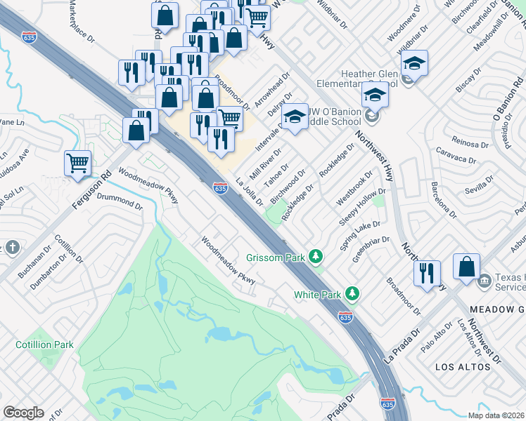 map of restaurants, bars, coffee shops, grocery stores, and more near 5437 La Jolla Drive in Garland