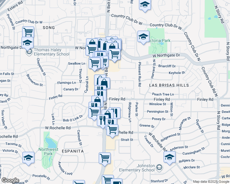 map of restaurants, bars, coffee shops, grocery stores, and more near 3400 North Belt Line Road in Irving