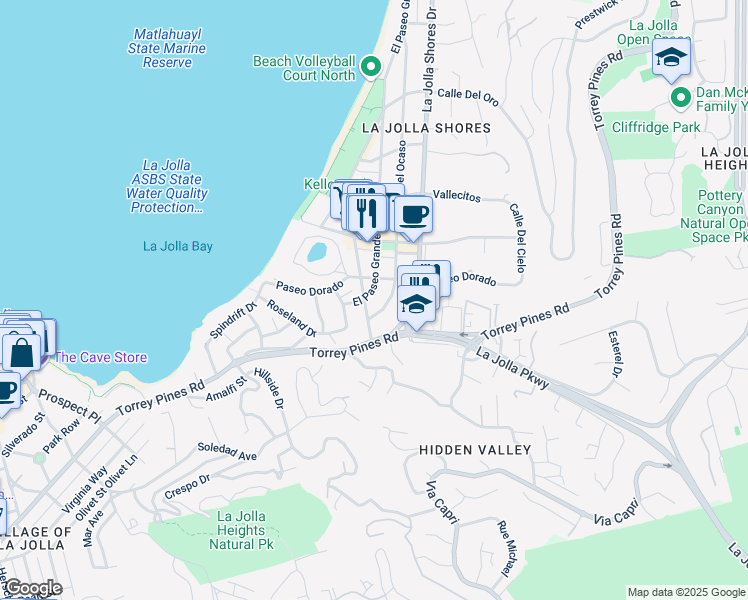 map of restaurants, bars, coffee shops, grocery stores, and more near 7911 El Paseo Grande in San Diego