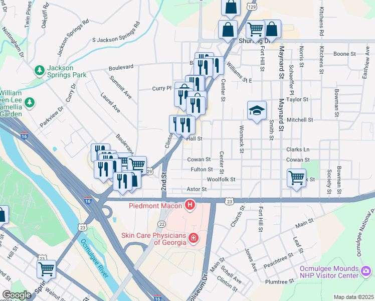 map of restaurants, bars, coffee shops, grocery stores, and more near 847 Northern Street in Macon