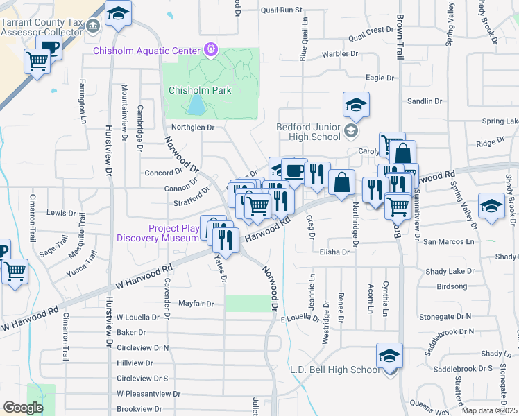 map of restaurants, bars, coffee shops, grocery stores, and more near 147 East Harwood Road in Hurst