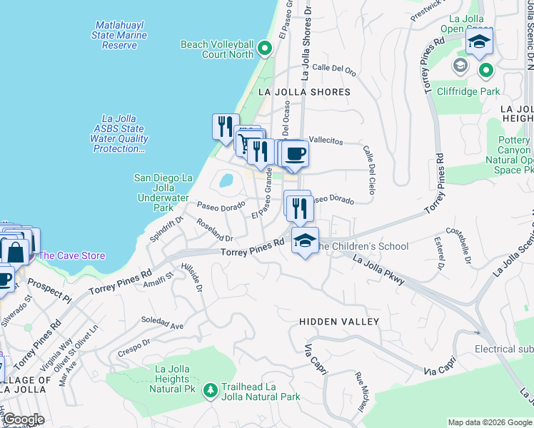 map of restaurants, bars, coffee shops, grocery stores, and more near 7911 El Paseo Grande in San Diego