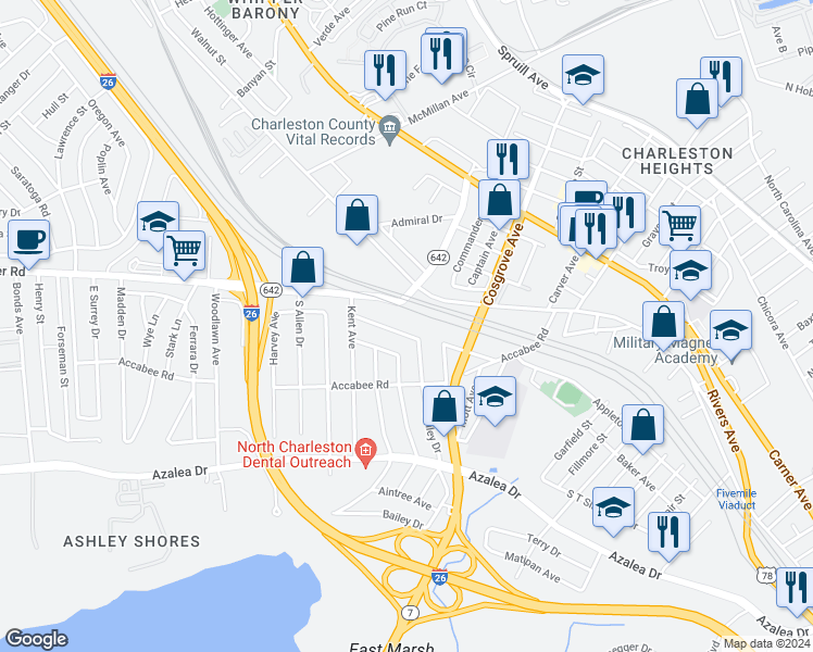 map of restaurants, bars, coffee shops, grocery stores, and more near 2227 Bailey Drive in North Charleston