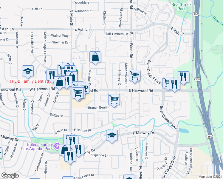 map of restaurants, bars, coffee shops, grocery stores, and more near 433 East Harwood Road in Euless