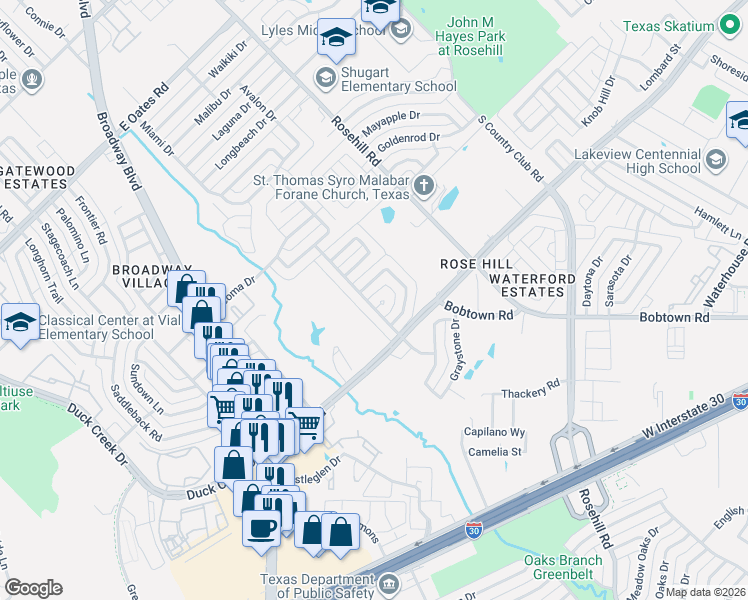 map of restaurants, bars, coffee shops, grocery stores, and more near 901 Meadowside Circle in Garland