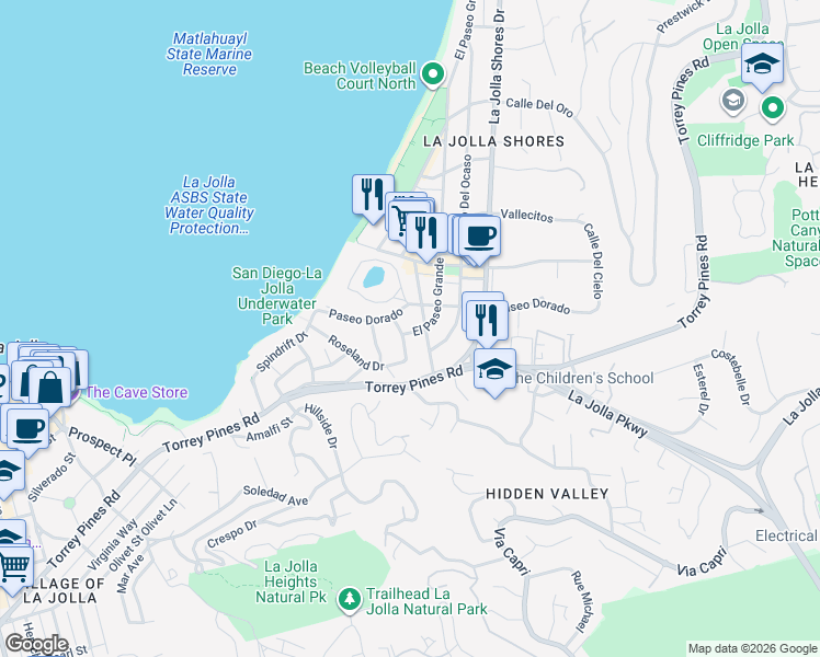 map of restaurants, bars, coffee shops, grocery stores, and more near 7836 El Paseo Grande in San Diego