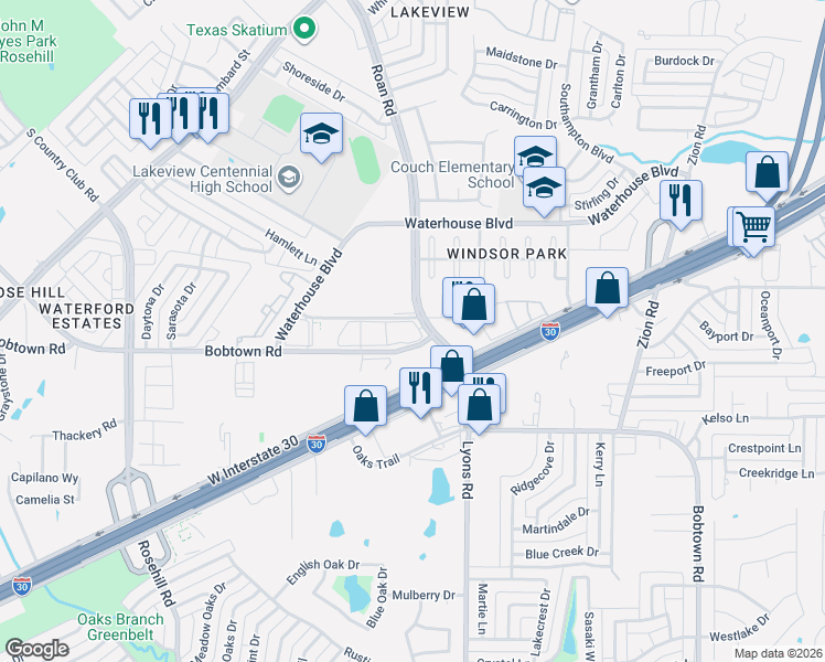 map of restaurants, bars, coffee shops, grocery stores, and more near 3826 Easton Meadows Drive in Garland