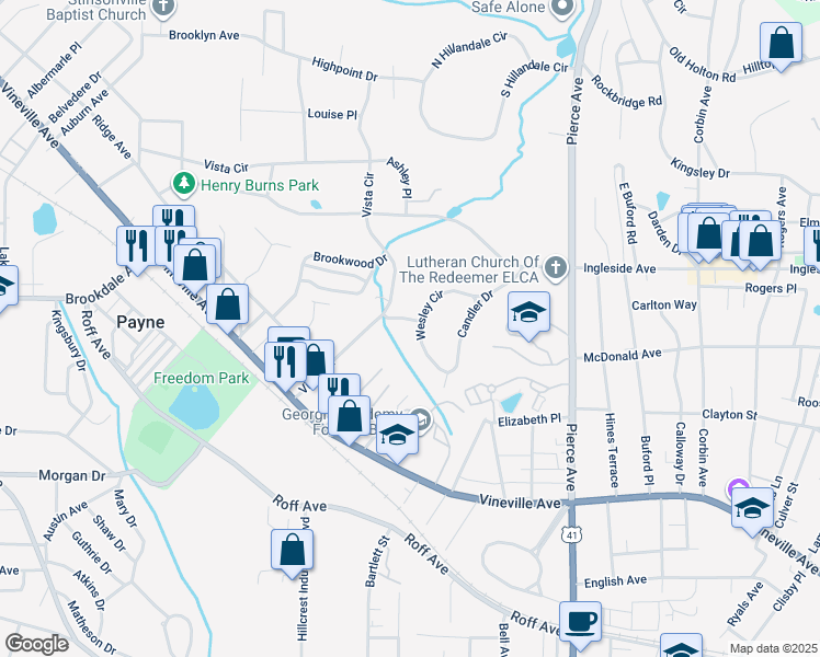 map of restaurants, bars, coffee shops, grocery stores, and more near 278 Wesley Circle in Macon