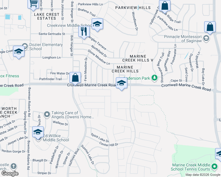 map of restaurants, bars, coffee shops, grocery stores, and more near 6224 Cobbetts Pond Lane in Fort Worth