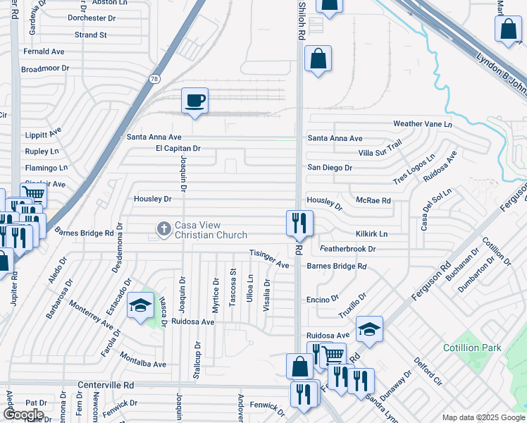 map of restaurants, bars, coffee shops, grocery stores, and more near 2726 Tolosa Drive in Dallas