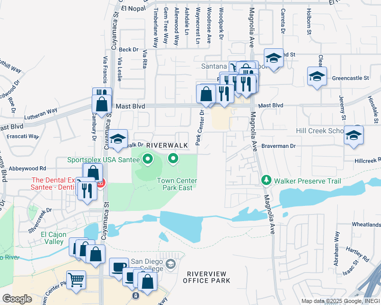 map of restaurants, bars, coffee shops, grocery stores, and more near 10185 Riverwalk Drive in Santee