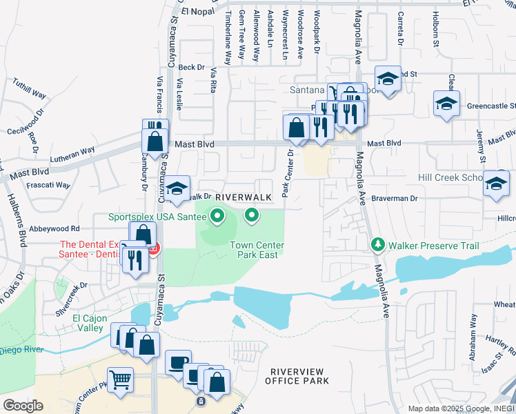 map of restaurants, bars, coffee shops, grocery stores, and more near 10101 Riverwalk Drive in Santee