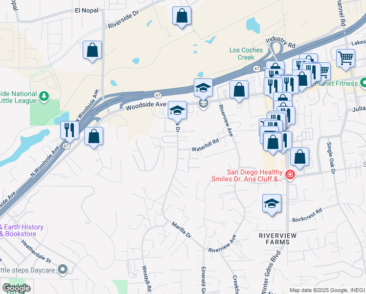 map of restaurants, bars, coffee shops, grocery stores, and more near 11723 Waterhill Road in Lakeside