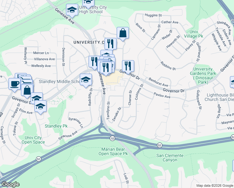 map of restaurants, bars, coffee shops, grocery stores, and more near 4133 Raya Way in San Diego